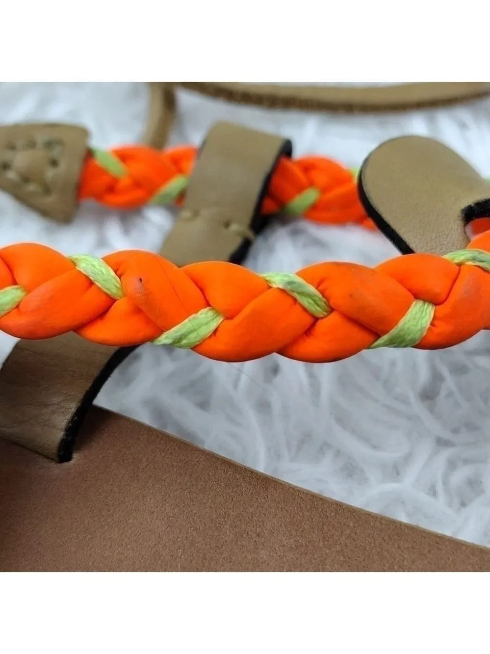 See By Chloe Tan Leather Almond Toe Thong Braided T-Strap Ankle Lace Sandal Shoe